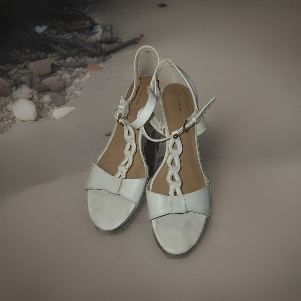 Liz Claiborne Sz 9 1/2 Ivory Slingback Open Toe Cork Wedge Sandals